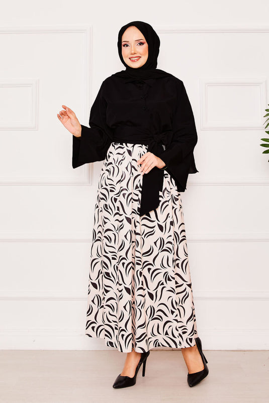 Gömleği Kendinden Kuşaklı Geniş Kol Etekli Takım Siyah