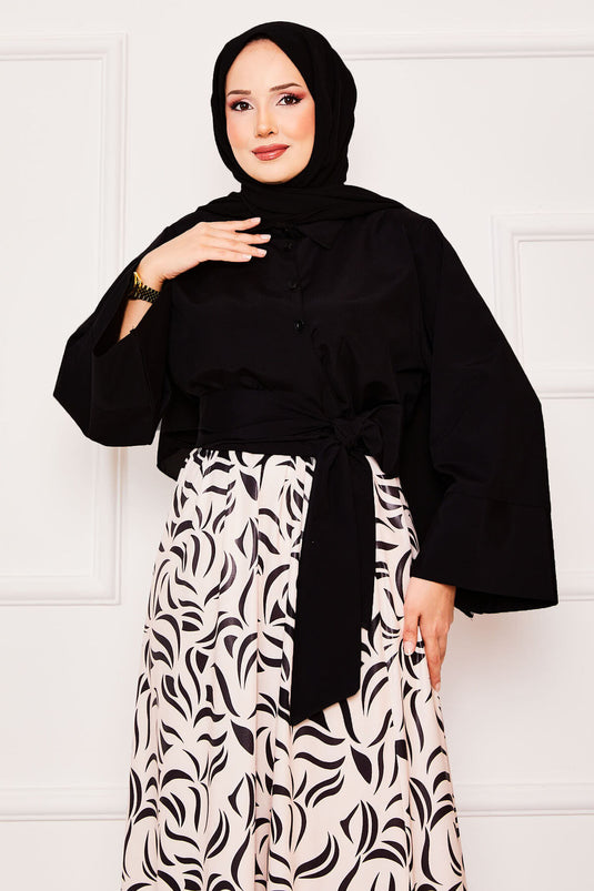 Ensemble chemise et jupe à manches larges avec ceinture intégrée, noir