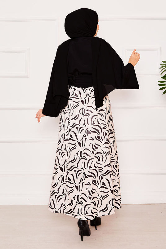 Gömleği Kendinden Kuşaklı Geniş Kol Etekli Takım Siyah