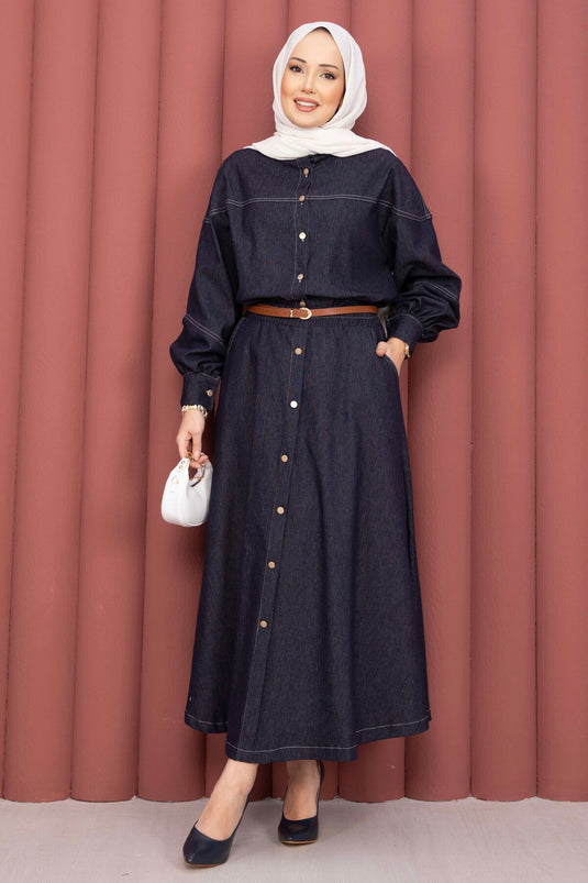 Conjunto Modesto Tesettür de Tensel con Camisa y Falda Azul Marino
