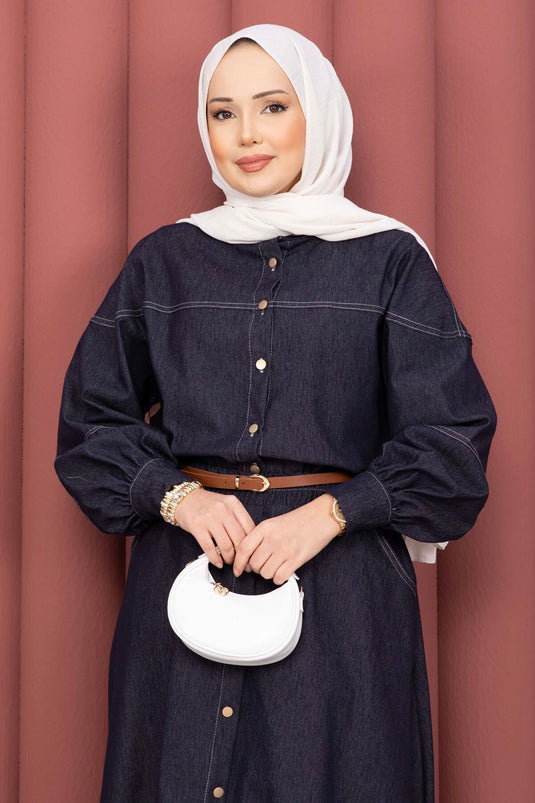 Conjunto Modesto Tesettür de Tensel con Camisa y Falda Azul Marino