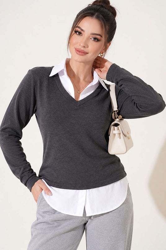 Gömlek Garni Detaylı Sweatshirt Füme