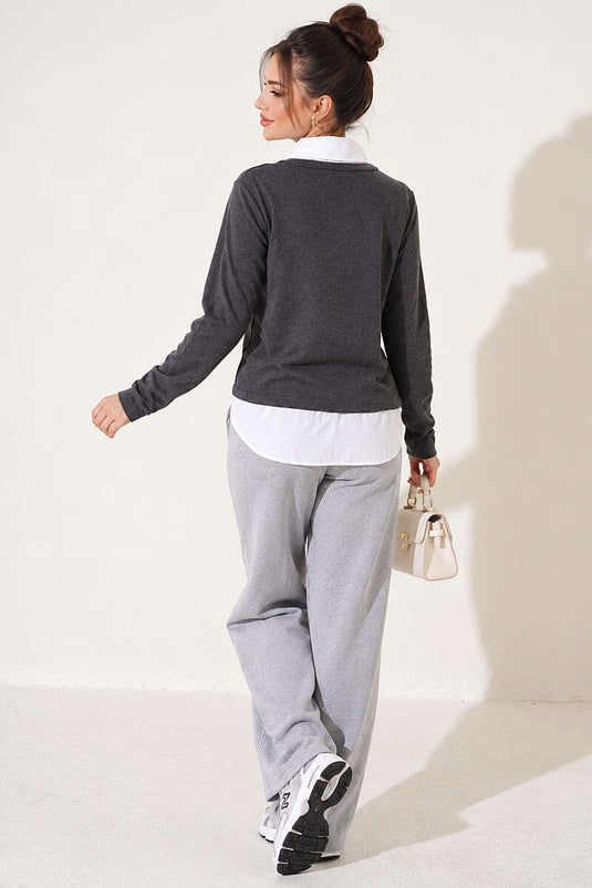 Gömlek Garni Detaylı Sweatshirt Füme