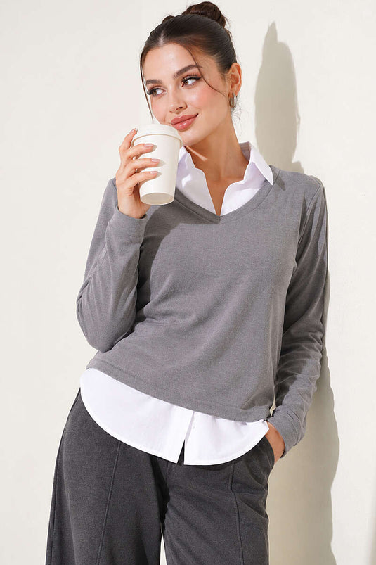 Gömlek Garni Detaylı Sweatshirt Gri