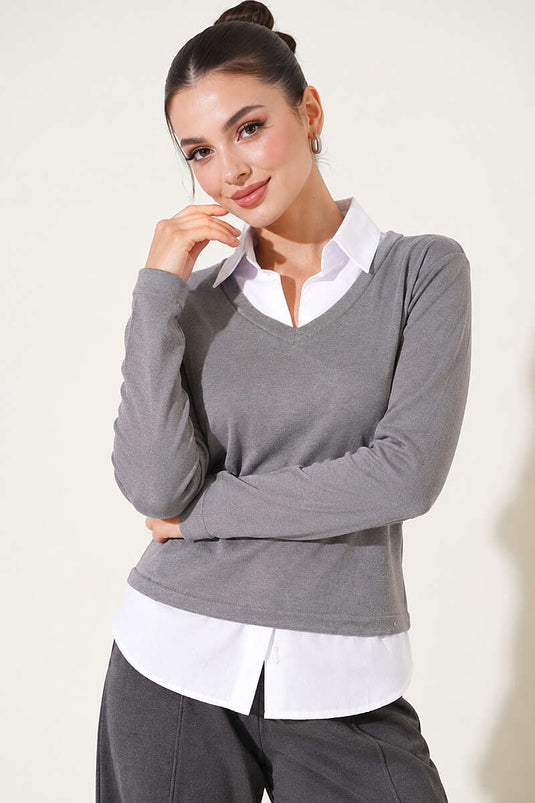 Gömlek Garni Detaylı Sweatshirt Gri