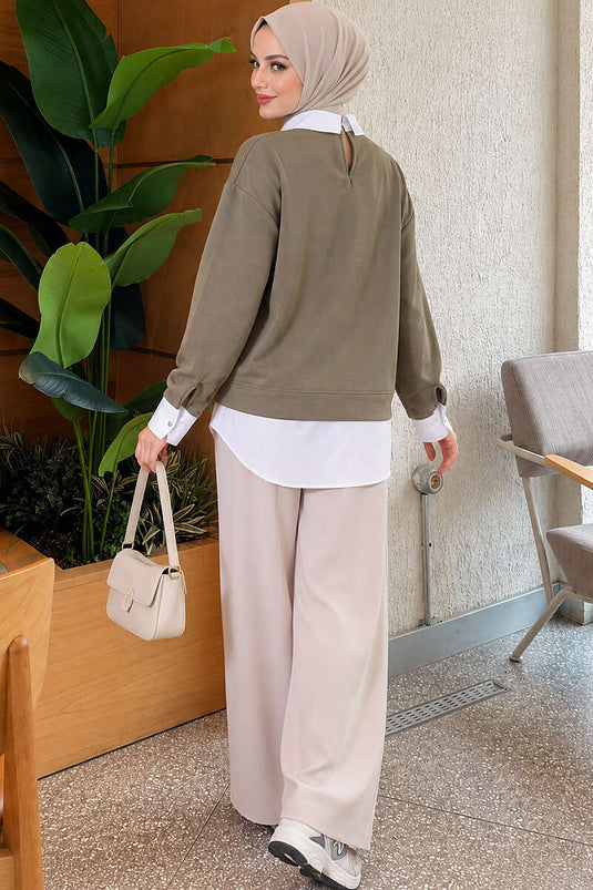 Gömlek Garnili Basic Tunik Haki