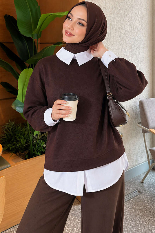 Gömlek Garnili Basic Tunik Kahve
