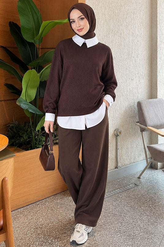 Gömlek Garnili Basic Tunik Kahve