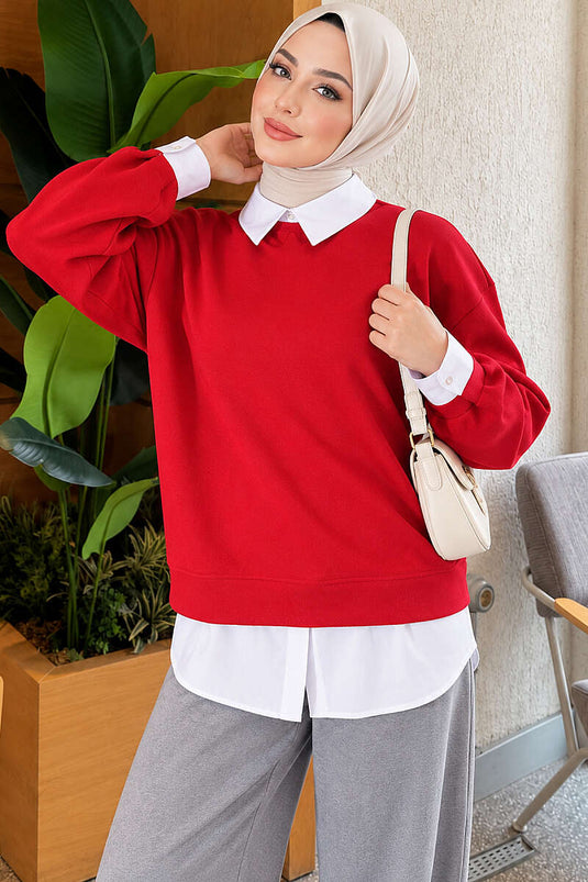 Gömlek Garnili Basic Tunik Kırmızı
