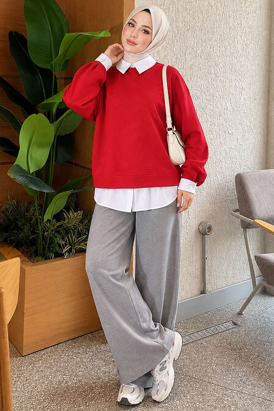 Gömlek Garnili Basic Tunik Kırmızı