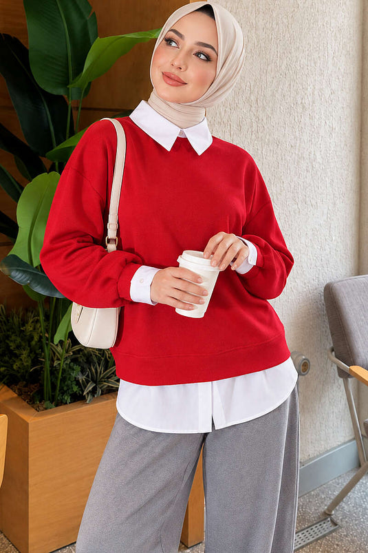 Gömlek Garnili Basic Tunik Kırmızı