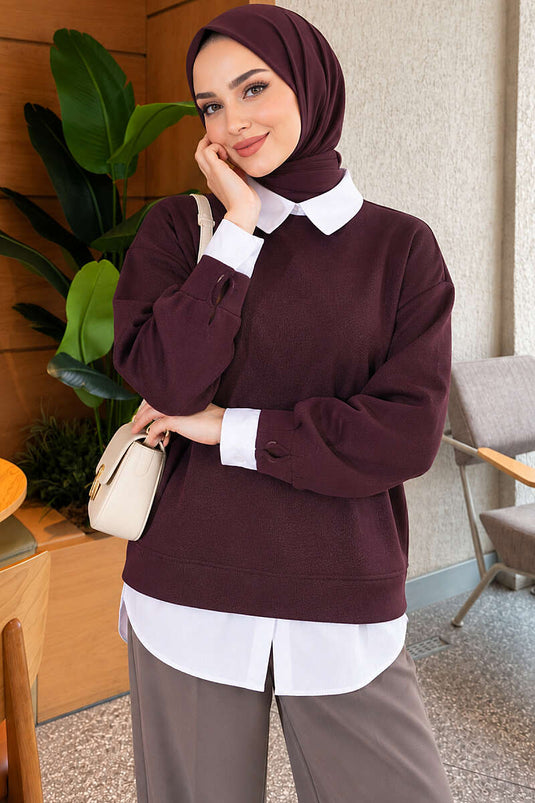Gömlek Garnili Basic Tunik Mürdüm