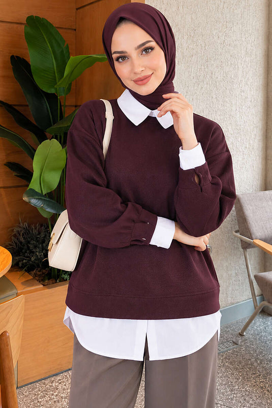 Gömlek Garnili Basic Tunik Mürdüm