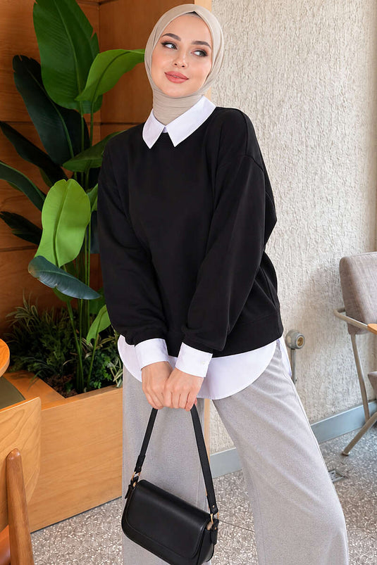 Gömlek Garnili Basic Tunik Siyah