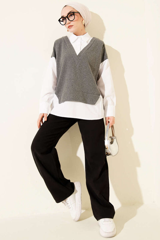 Gömlek Garnili Düğmeli Tunik Füme