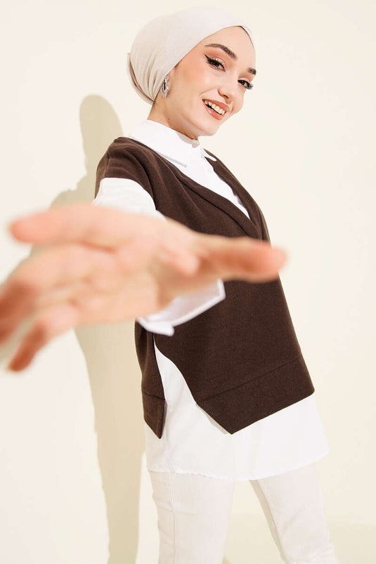 Gömlek Garnili Düğmeli Tunik Kahve