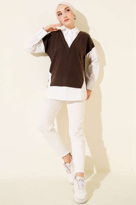 Gömlek Garnili Düğmeli Tunik Kahve