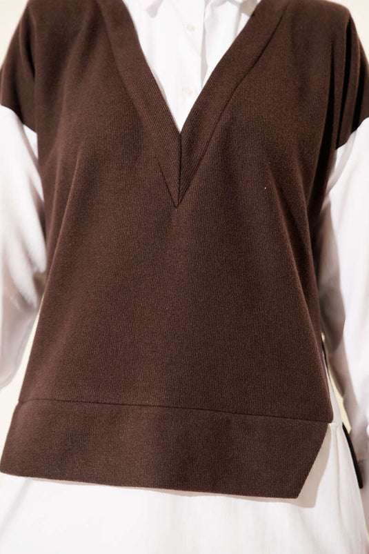 Gömlek Garnili Düğmeli Tunik Kahve