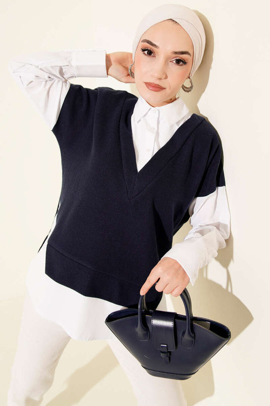 Gömlek Garnili Düğmeli Tunik Lacivert