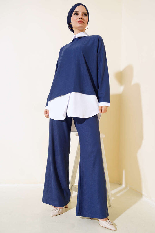 Shirt Garnished Two-Piece Set Indigo