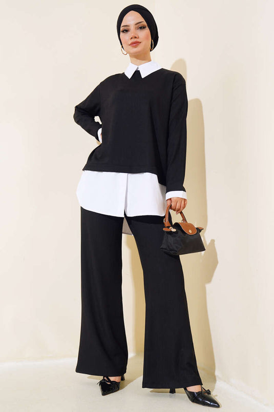 Shirt Collar Two-Piece Set Black