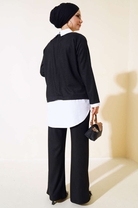 قميص مزين ببدلة مزدوجة باللون الأسود