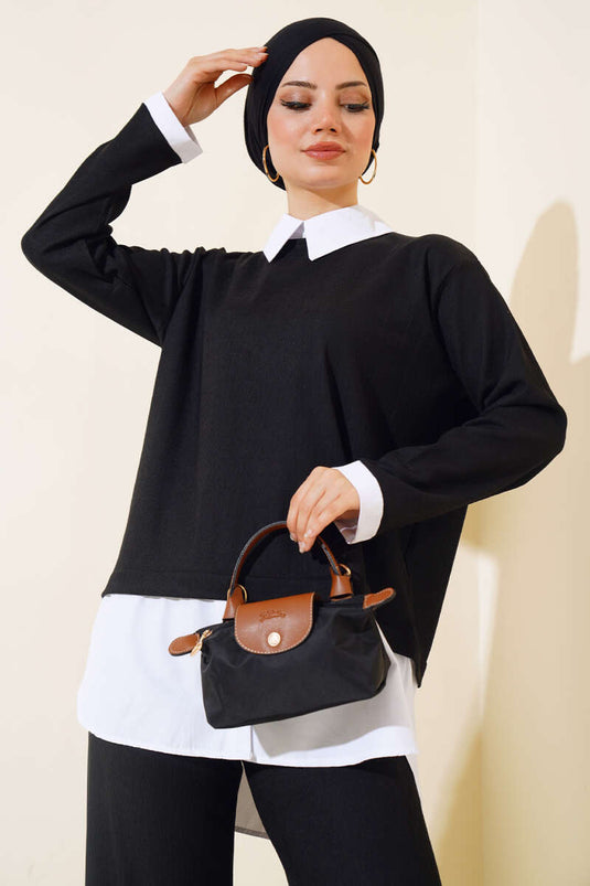 Shirt Collar Two-Piece Set Black