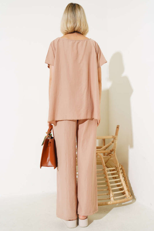 Ensemble deux pièces chemise à manches courtes couleur latte