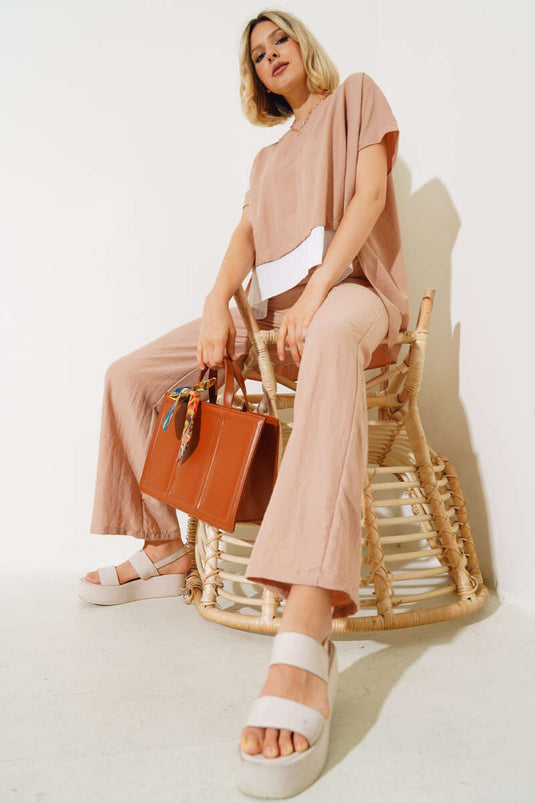 Ensemble deux pièces chemise à manches courtes couleur latte