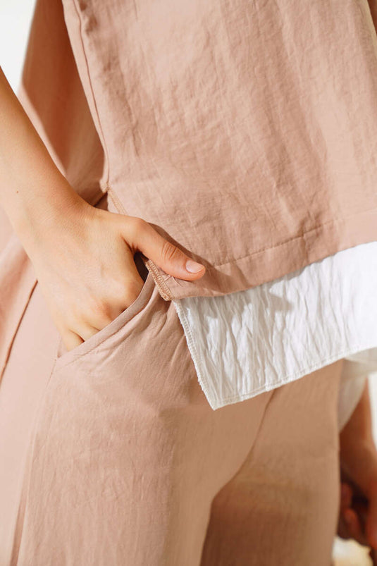 Ensemble deux pièces chemise à manches courtes couleur latte