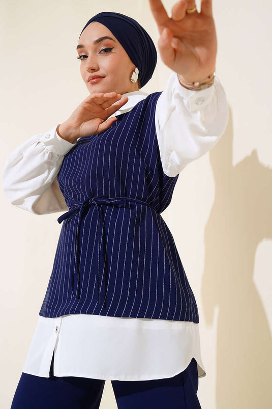 Shirt with Belted Striped Set Navy Blue