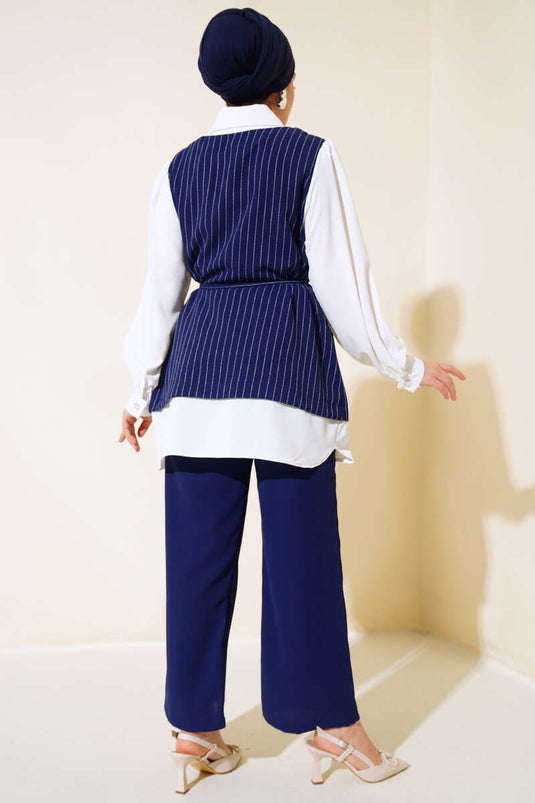 Chemise Garnie Ceinturée Costume Rayé Bleu Marine