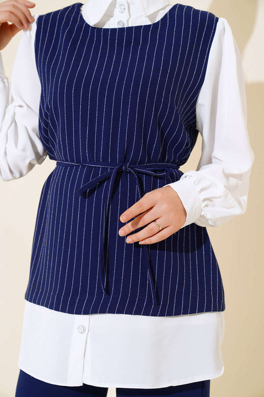 Chemise Garnie Ceinturée Costume Rayé Bleu Marine