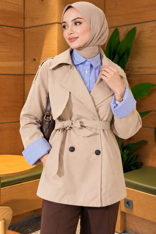 Beige Trenchcoat Met Ruches En Riem