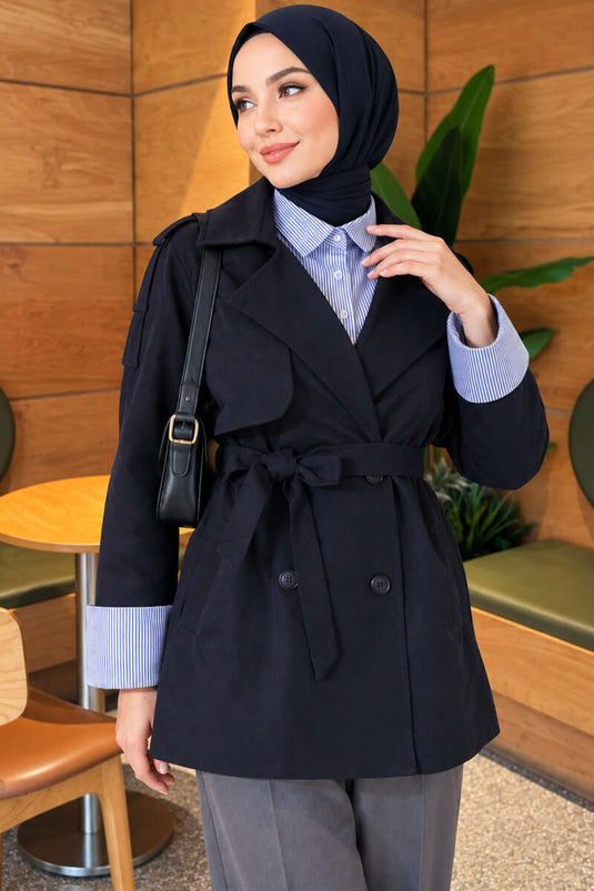 Abrigo Trench Azul Marino Con Cinturón Y Camisa Acolchada