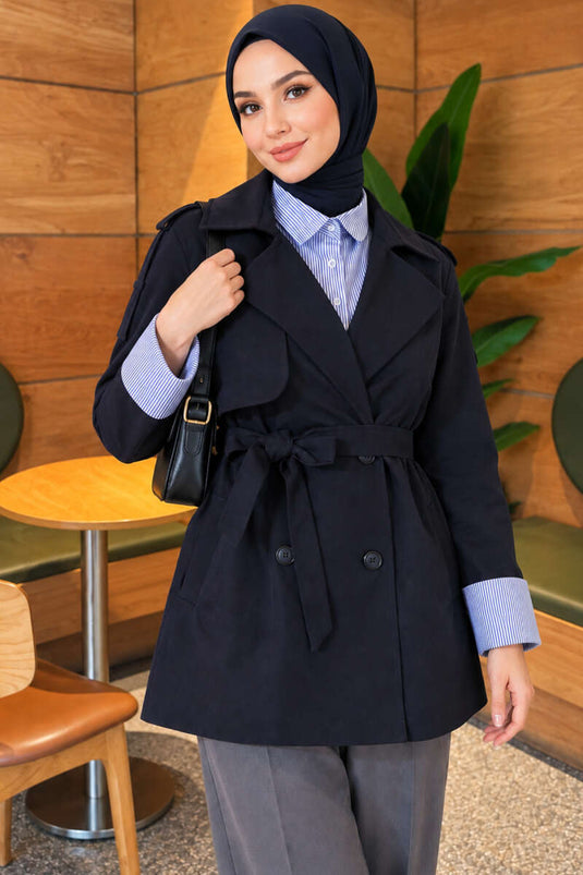 Abrigo Trench Azul Marino Con Cinturón Y Camisa Acolchada