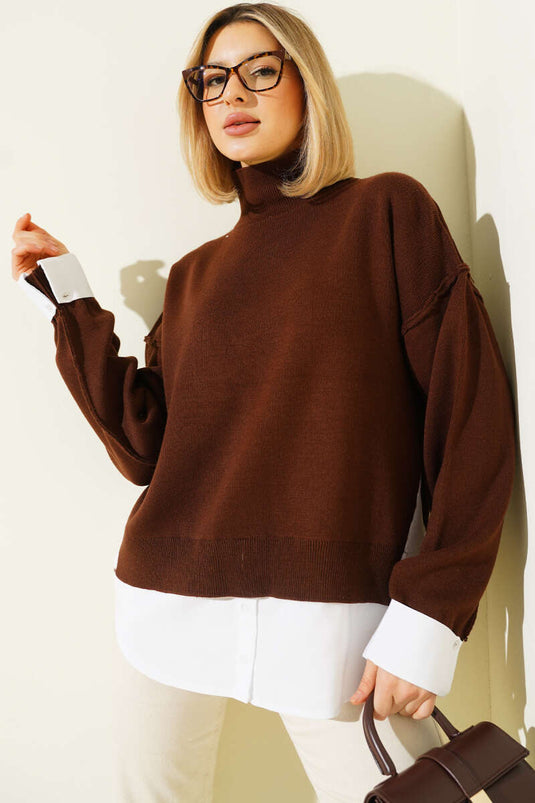 Gömlek Garnili Salaş Triko Kazak Kahve