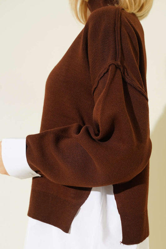 Gömlek Garnili Salaş Triko Kazak Kahve