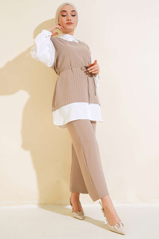 Beige Striped Set with Shirt and Tunic
