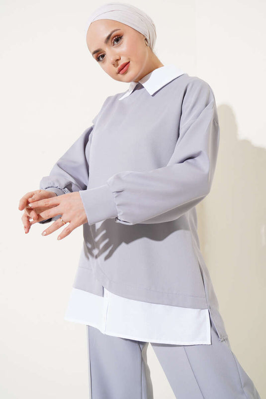 Ensemble double tunique ornée de chemise gris