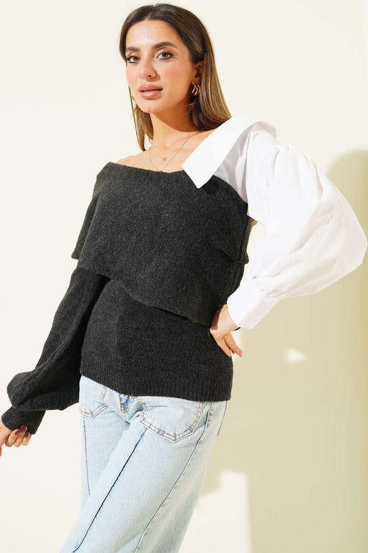 كنزة برقبة قارب مزينة بأكمام قميص بلون رمادي دخاني