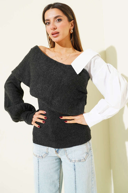 Shirt Sleeve Trimmed Boat Neck Sweater Smoke Gray