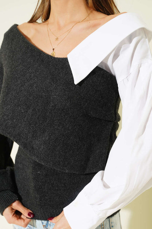 كنزة برقبة قارب مزينة بأكمام قميص بلون رمادي دخاني