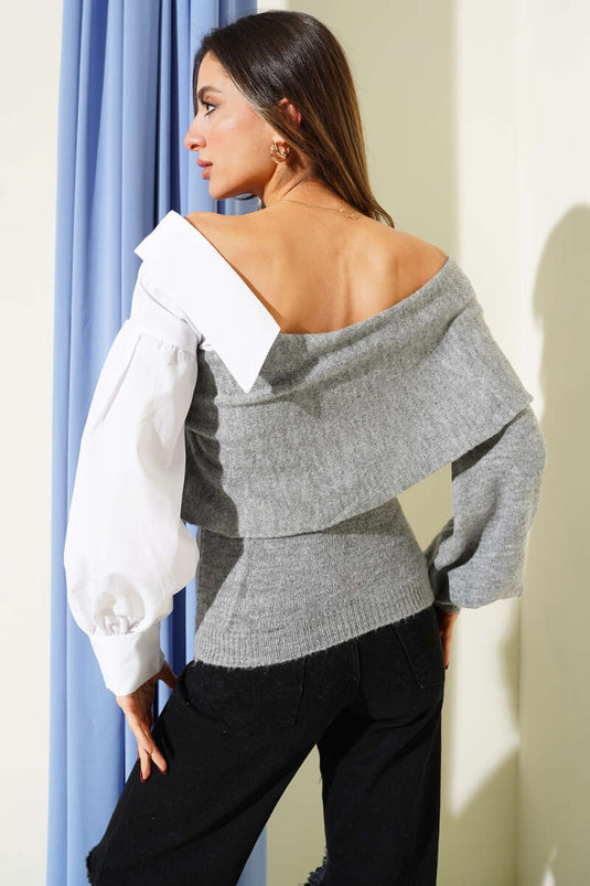 Shirt Sleeve Trimmed Boat Neck Sweater Gray
