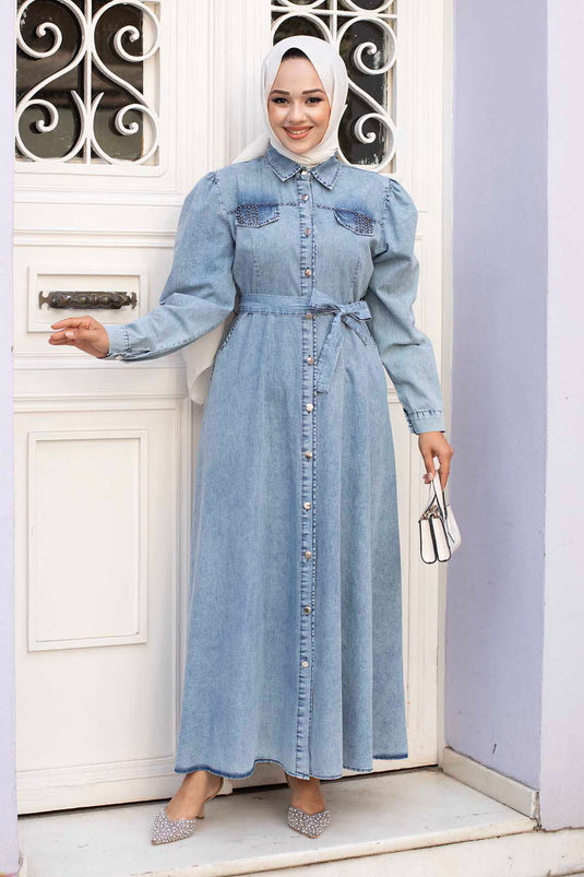 Shirt Collar Full Buttoned Modest Denim Dress Ice Blue