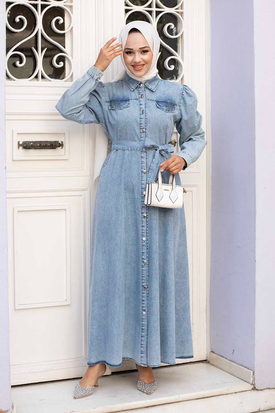 Shirt Collar Full Buttoned Modest Denim Dress Ice Blue