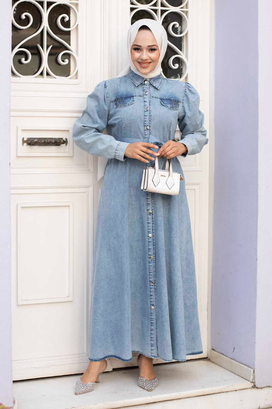 Shirt Collar Full Buttoned Modest Denim Dress Ice Blue