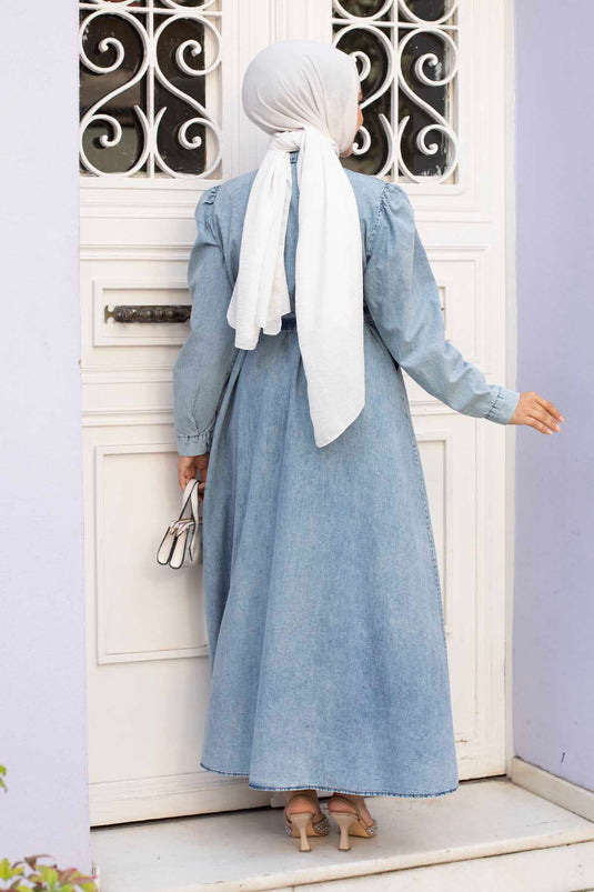 Shirt Collar Full Buttoned Modest Denim Dress Ice Blue
