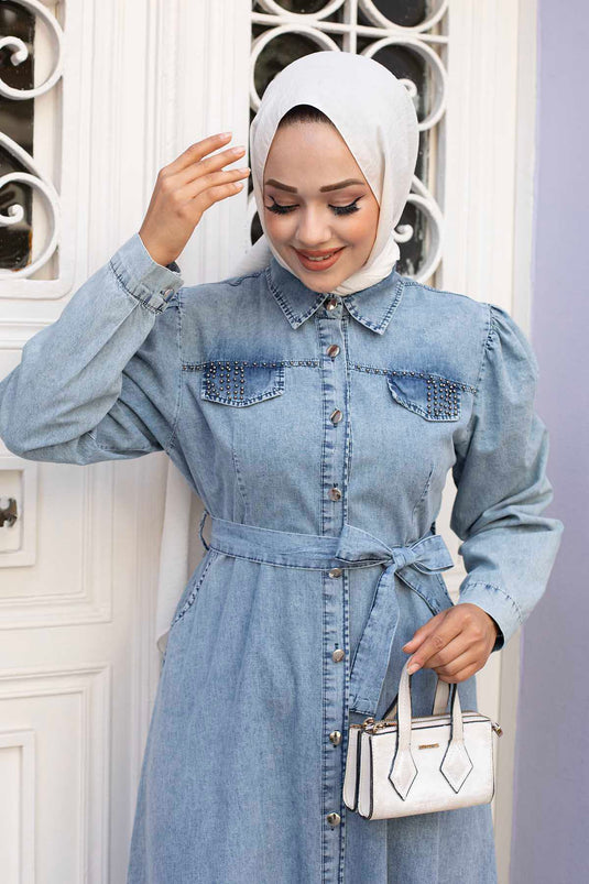 Shirt Collar Full Buttoned Modest Denim Dress Ice Blue