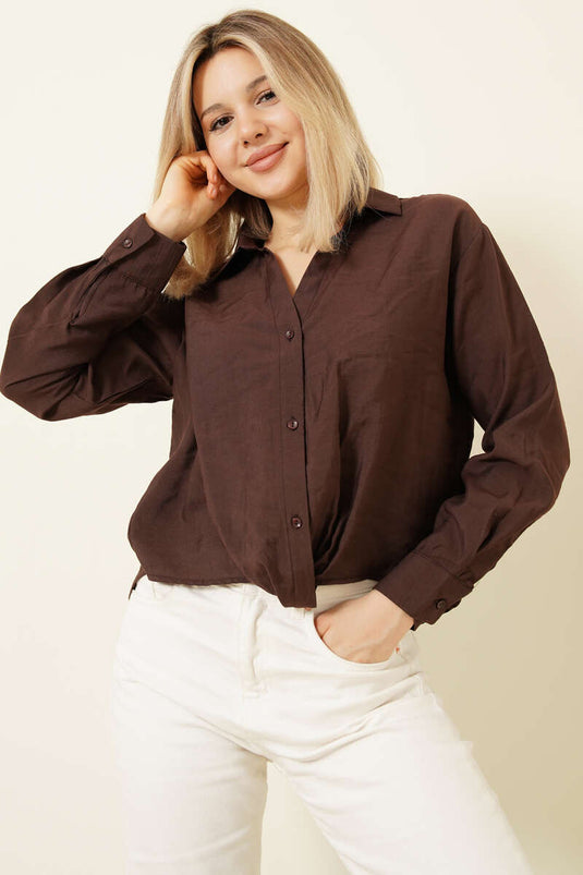 Gömlek Yaka Basic Düğmeli Gömlek Kahve